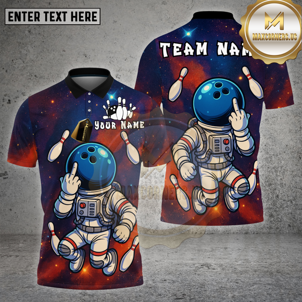 Maxcorners Bowling Shirt Space Astronaut Middle Finger Cosmic Humor Multioptions Personalized Name, Team Name Unisex 3D Shirt
