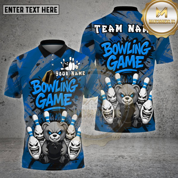 Maxcorners Bowling Shirt Black Angry Bear Bowling Game Multioptions Personalized Name, Team Name Unisex 3D Shirt