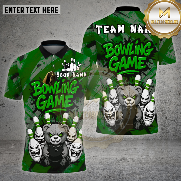 Maxcorners Bowling Shirt Black Angry Bear Bowling Game Multioptions Personalized Name, Team Name Unisex 3D Shirt