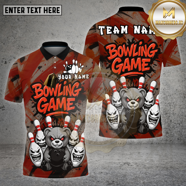 Maxcorners Bowling Shirt Black Angry Bear Bowling Game Multioptions Personalized Name, Team Name Unisex 3D Shirt