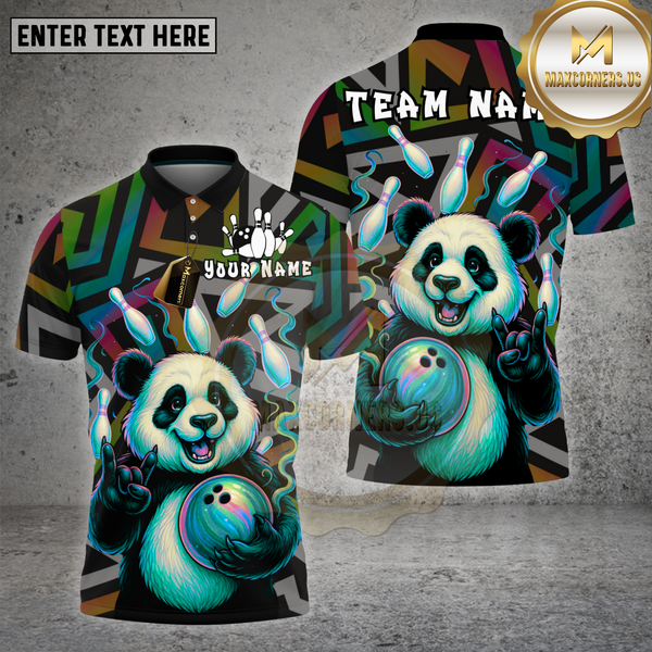 Maxcorners Bowling Shirt Neon Panda Bowling Rainbow Strike Multioptions Personalized Name, Team Name Unisex 3D Shirt