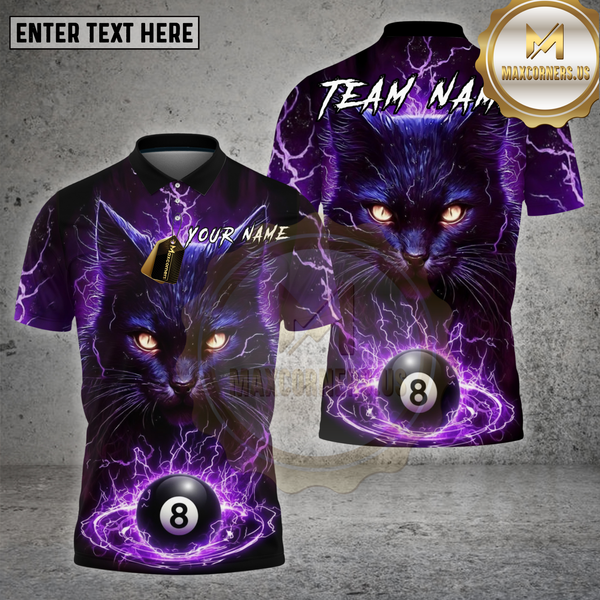 Maxcorners Billiards Shirt Lightning Cat 8 Ball Power Multioptions Personalized Name, Team Name Unisex 3D Shirt
