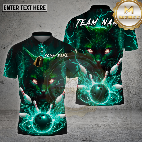Maxcorners Bowling Shirt Lightning Cat Strike Power Multioptions Personalized Name, Team Name Unisex 3D Shirt