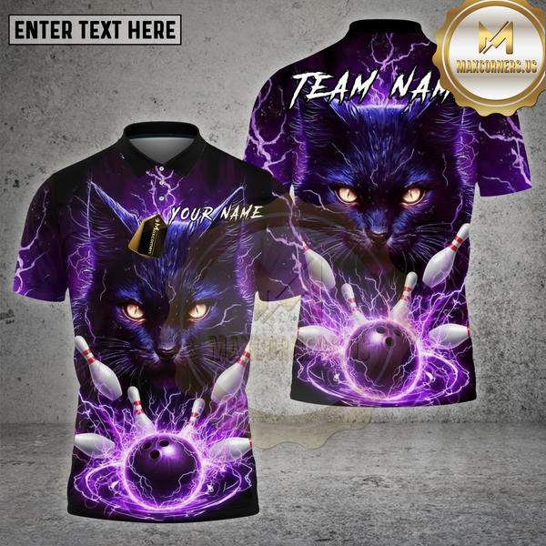 Maxcorners Bowling Shirt Lightning Cat Strike Power Multioptions Personalized Name, Team Name Unisex 3D Shirt