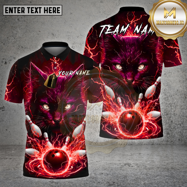 Maxcorners Bowling Shirt Lightning Cat Strike Power Multioptions Personalized Name, Team Name Unisex 3D Shirt