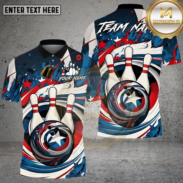 Maxcorners Bowling Shirt Patriotic Stars Stripes Bowling Pins Multioptions Personalized Name, Team Name Unisex 3D Shirt