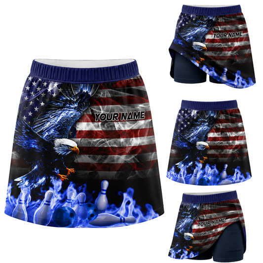 Maxcorners Bowling Electric Eagle American Flag Personalized 3D Skort, Skirts With Shorts