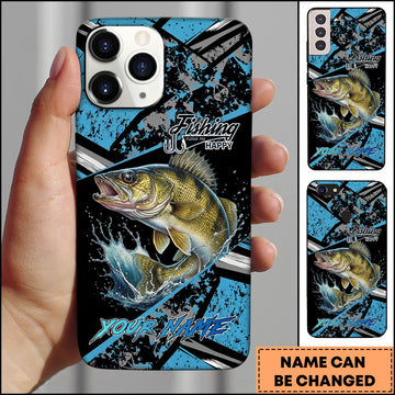 Maxcorners Walleye Fishing Blue Grunge Paint Splash Dynamic Art Personalized Name Phone Case