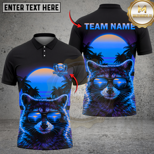 Maxcorners Raccoon Sunset Bowling Shirt Retro Vaporwave Style Multicolor Options Personalized Name, Team Name 3D Shirt (4 Colors)