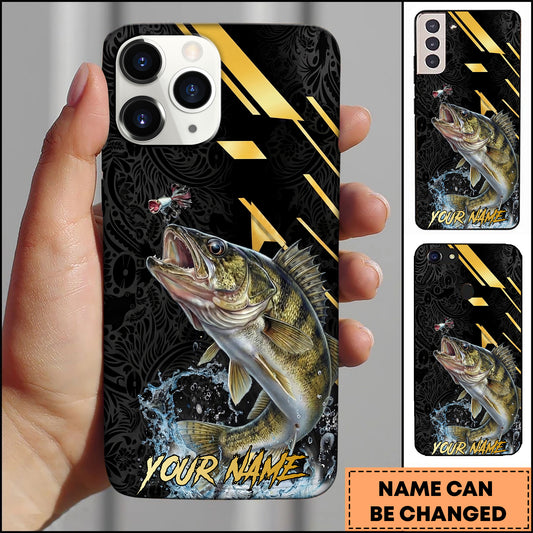 Maxcorners Walleye Fishing Luxury Black Gold Lightning Splash Personalized Name Phone Case
