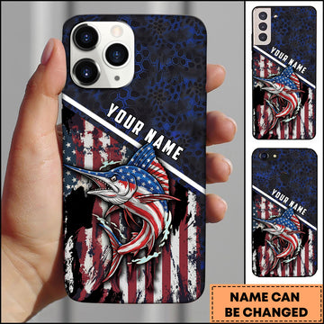 Maxcorners Marlin Fishing Patriotic USA Flag Honeycomb Tech Style Personalized Name Phone Case
