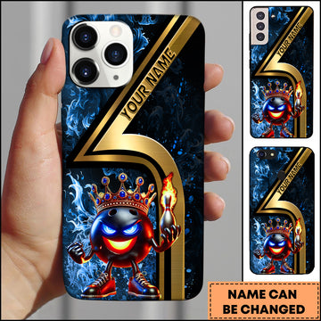 Maxcorners Bowling Phone Case King Bowling Ball Crown Fire Blue Smoke Design Personalized Name Phone Case | Blue