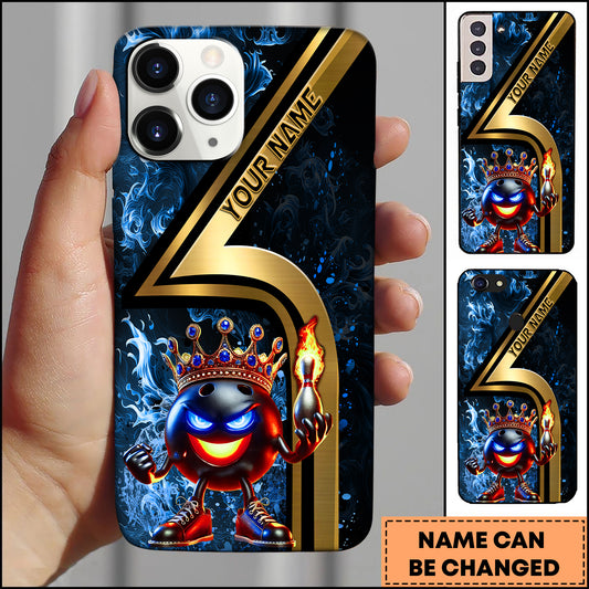 Maxcorners Bowling Phone Case King Bowling Ball Crown Fire Blue Smoke Design Personalized Name Phone Case | Blue