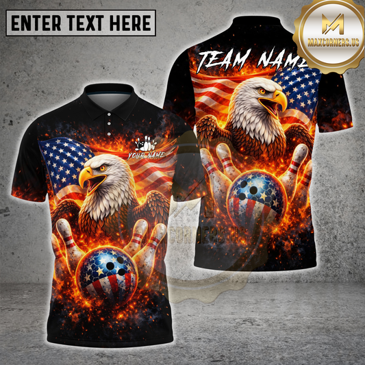 Maxcorners American Eagle Bowling Ball Fire Patriotic Flag Strike Multicolor Options Personalized Name, Team Name 3D Shirt (4 Colors)