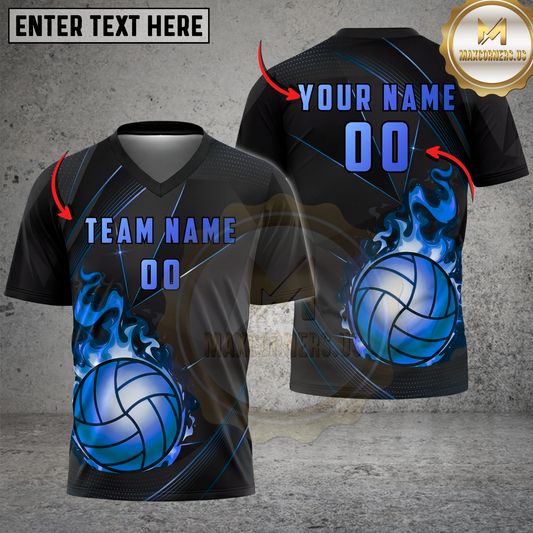 Maxcorners Volleyball Golden Fire Minimal Luxury Style Multicolor Options Personalized 3D V-neck T-Shirt
