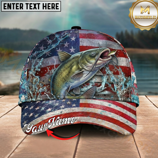 Maxcorners Fishing Patriotic American Flag Water Splash Personalized 3D Cap (12 Fish Species)