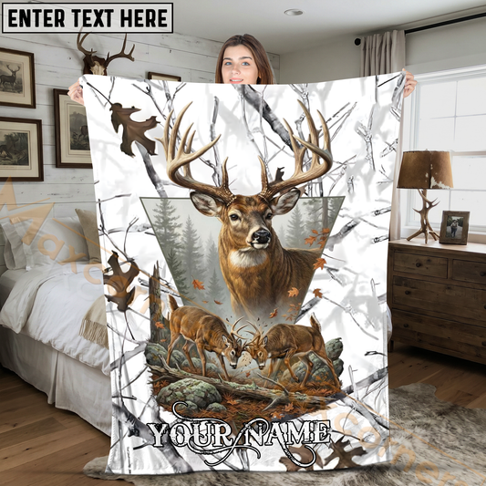 Maxcorners Snow Camo Whitetail Deer Woodland Personalized 3D Blanket