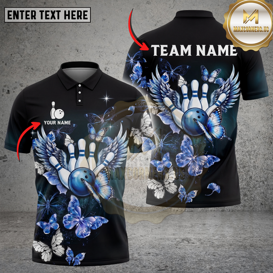 Maxcorners Bowling Polo Shirt Butterfly Wings Bowling Ball Art Multicolor Options Personalized Name, Team Name 3D Shirt (4 Colors)