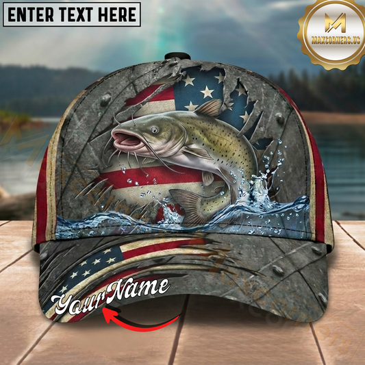Maxcorners Fishing Vintage American Flag Metal Texture Personalized 3D Cap (12 Fish Species)