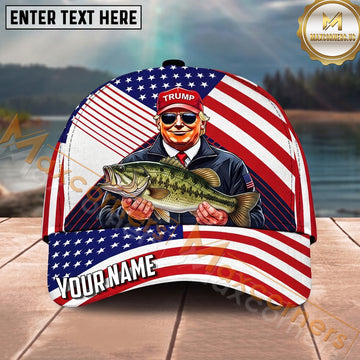 Maxcorners Fishing Patriotic Flag Angler Personalized Name 3D Cap (12 Fish Species)