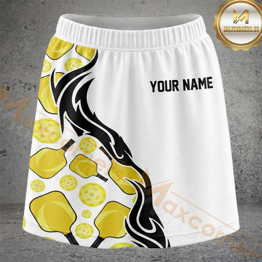 Maxcorners Pickleball Yellow Honeycomb Black Flame Personalized 3D Skort, Skirts With Shorts