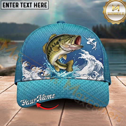 Maxcorners Fishing Japanese Wave Artwork Personalized Name 3D Cap (12 Fish Species)