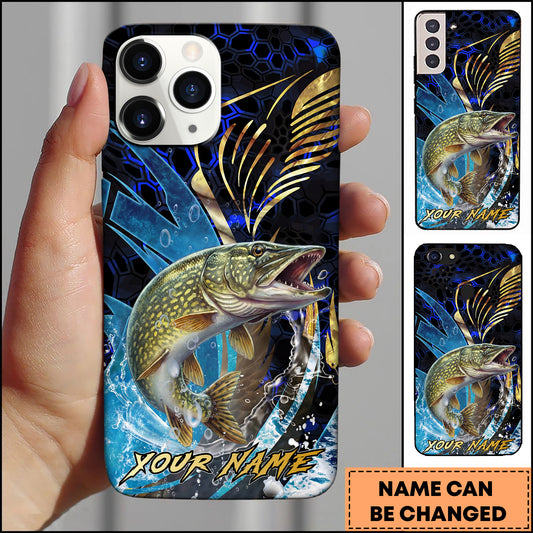 Maxcorners Pike Fishing Blue Honeycomb Splash Art Personalized Name Phone Case