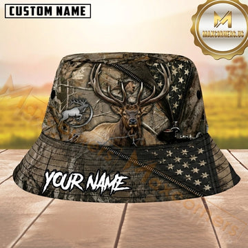 Maxcorners Elk Hunting Real Tree Camo Zipper US Flag Personalized Name 3D Bucket Hat