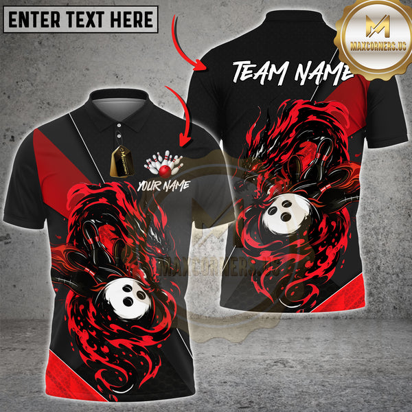 Maxcorners Bowling Jersey Flame Dragon Strike Multioptions Personalized Name, Team Name Unisex 3D Bowling Shirt (4 Colors)