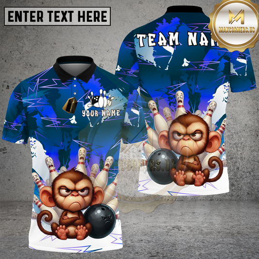 Maxcorners Monkey Bowling Angry Cartoon Strike Multicolor Options Personalized Name, Team Name 3D Shirt (4 Colors)