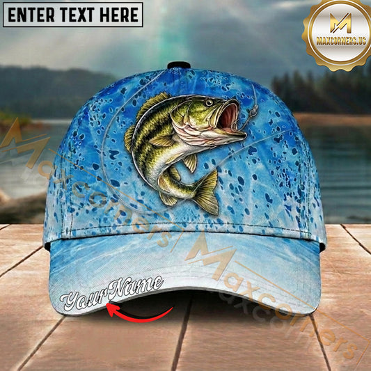 Maxcorners Fishing Light Blue Water Splash Personalized Name 3D Cap (12 Fish Species)