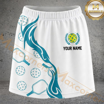 Maxcorners Pickleball White Teal Flame Wave Ball Personalized 3D Skort, Skirts With Shorts