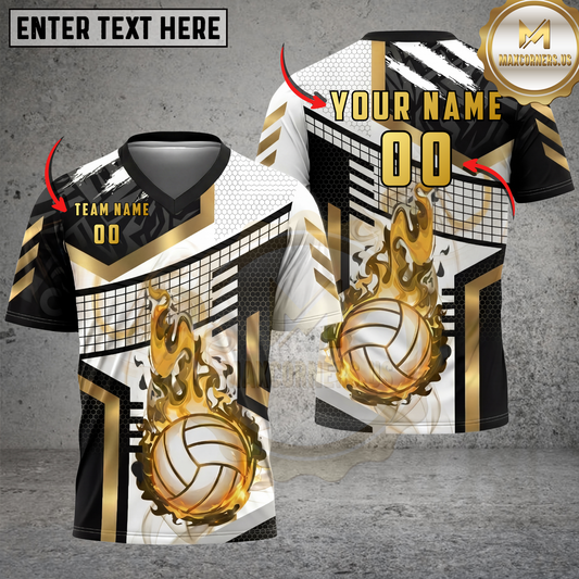 Maxcorners Volleyball Gold Flame Power Strike Premium Design Multicolor Options Personalized 3D V-neck T-Shirt