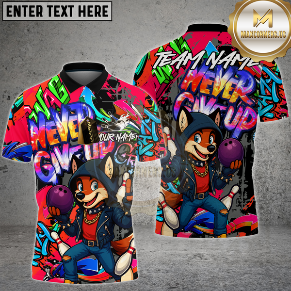 Maxcorners Bowling Shirt Hip Hop Fox Never Give Up Multioptions Personalized Name, Team Name Unisex 3D Shirt (4 Colors)