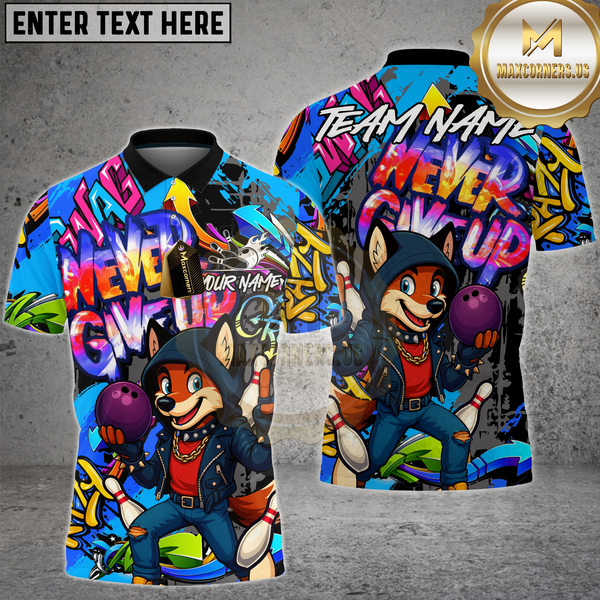 Maxcorners Bowling Shirt Hip Hop Fox Never Give Up Multioptions Personalized Name, Team Name Unisex 3D Shirt (4 Colors)