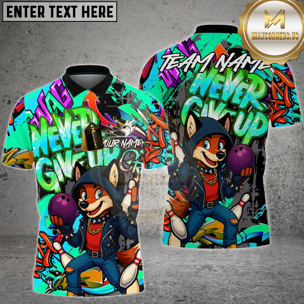 Maxcorners Bowling Shirt Hip Hop Fox Never Give Up Multioptions Personalized Name, Team Name Unisex 3D Shirt (4 Colors)