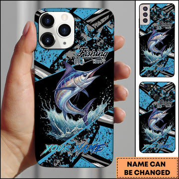 Maxcorners Marlin Fishing Blue Grunge Paint Splash Dynamic Art Personalized Name Phone Case