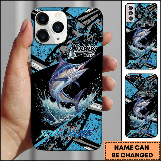 Maxcorners Marlin Fishing Blue Grunge Paint Splash Dynamic Art Personalized Name Phone Case