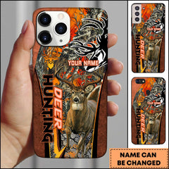Maxcorners Hunting Phone Case Running Whitetail Deer Vertical Typography Leather Camo Design Personalized Name Phone Case | Orange