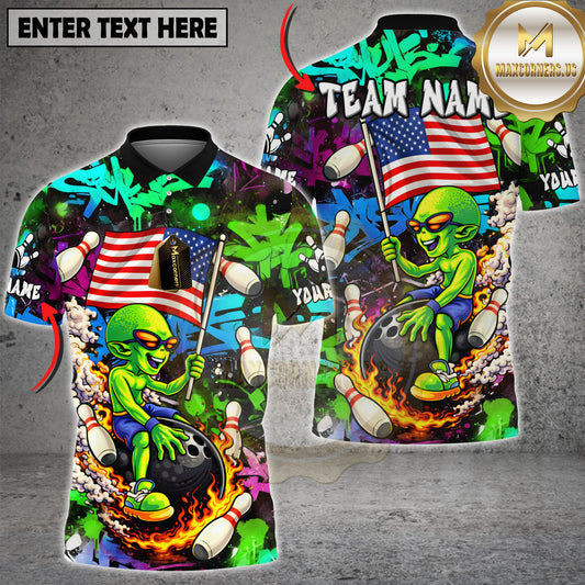 Maxcorners Bowling Alien USA Graffiti Fire Ball Art Multicolor Options Personalized Name, Team Name 3D Shirt (4 Colors)