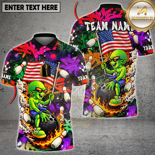 Maxcorners Bowling Alien USA Graffiti Fire Ball Art Multicolor Options Personalized Name, Team Name 3D Shirt (4 Colors)