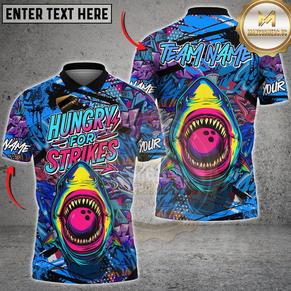 Maxcorners Bowling Shirt Shark Hungry for Strikes Graffiti Multioptions Personalized Name, Team Name Unisex 3D Shirt (4 Colors)