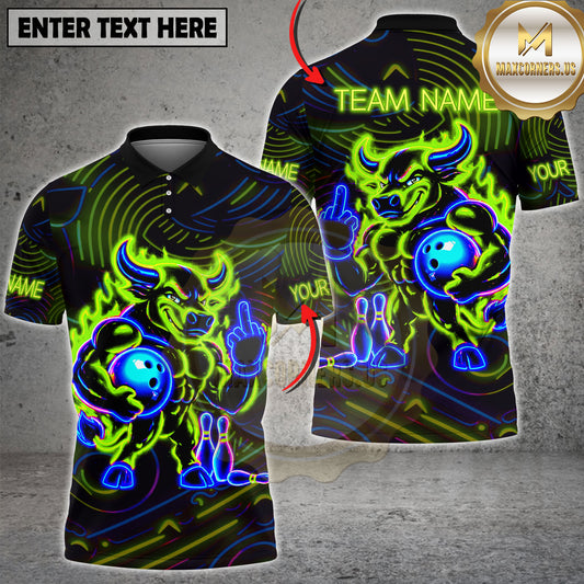 Maxcorners Bowling Bull Shirt Neon Fire Muscle Bull Graphic Multicolor Options Personalized Name, Team Name 3D Shirt (2 Colors)