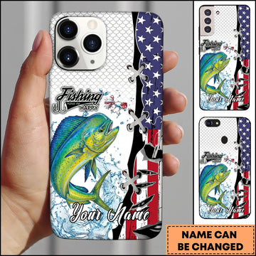 Maxcorners Mahi-mahi Fishing American Flag Patriotic Water Splash Personalized Name Phone Case