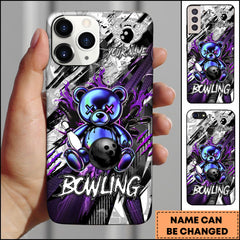 Maxcorners Bowling Phone Case Neon Teddy Bear Holding Bowling Ball Graffiti Style Personalized Name Phone Case
