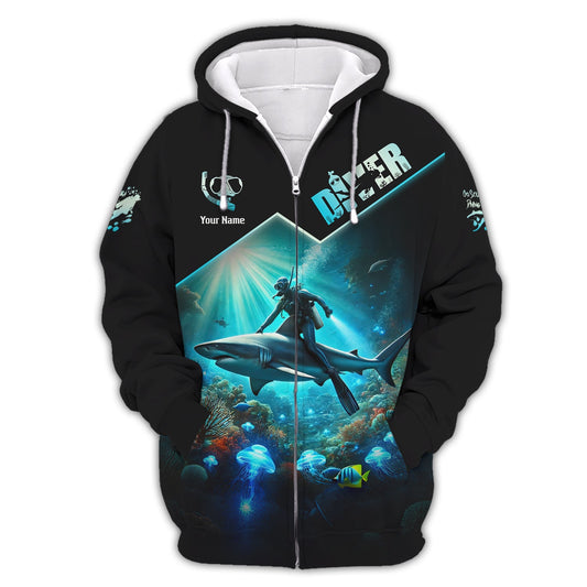 Maxcorners 3D Full Print Diver T-Shirt Underwater Adventure With Sharks Personalized Name Gift For Diver Lovers LM2111