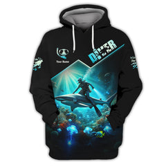 Maxcorners 3D Full Print Diver T-Shirt Underwater Adventure With Sharks Personalized Name Gift For Diver Lovers LM2111