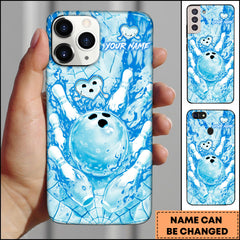 Maxcorners Bowling Phonecase Ice Blue Bowling Ball Pins Water Splash Cute Heart Design Personalized Name 3D Phone Case