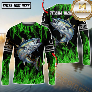 Maxcorner Tuna Fishing Green Flame Personalized Team Name Long Sleeve Shirt