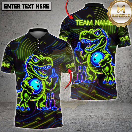 Maxcorners Bowling Dinosaur Shirt Neon Flame T-Rex Cartoon Graphic Multicolor Options Personalized Name, Team Name 3D Shirt (2 Colors)